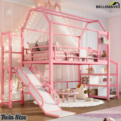 Pink twin house loft bed with slide and stairs