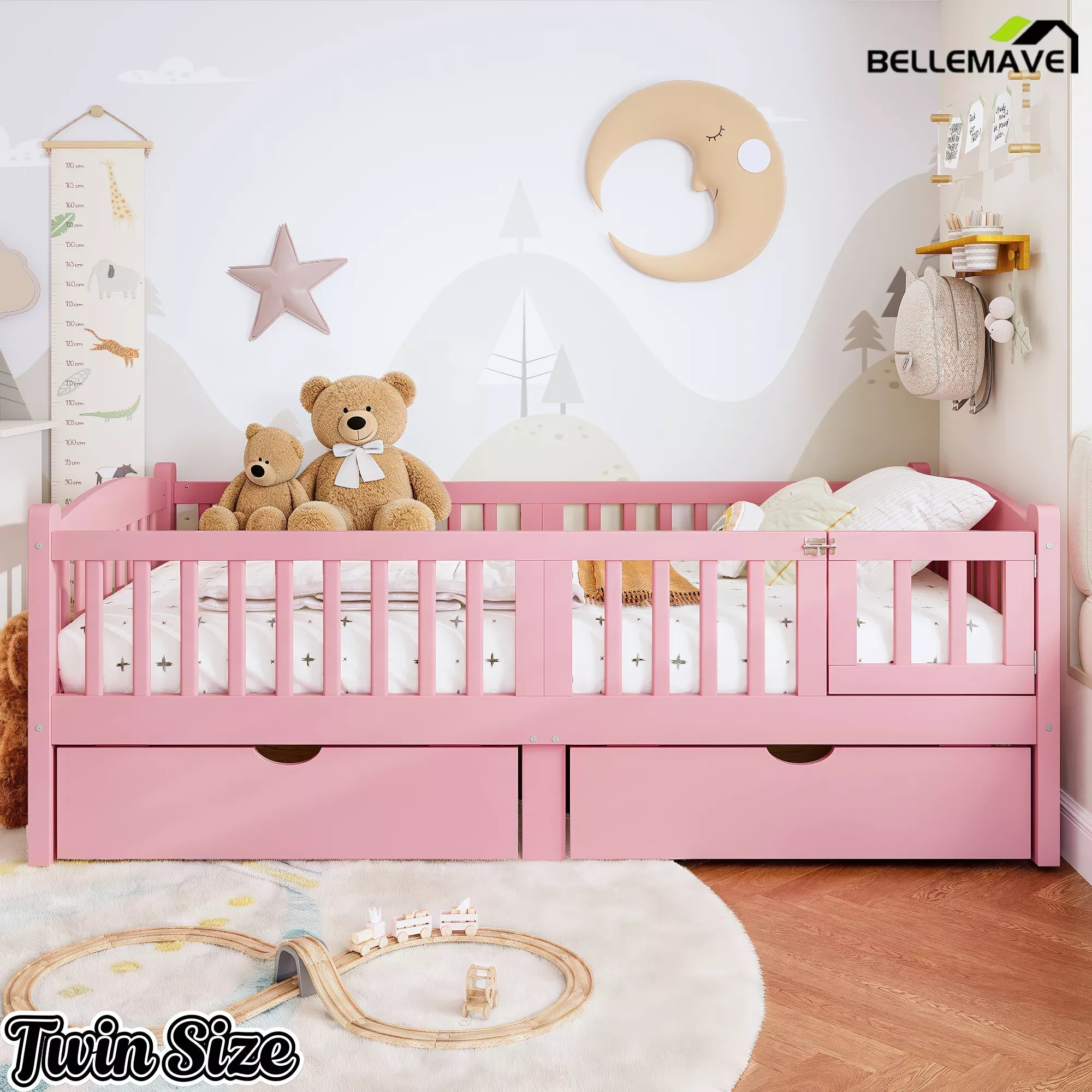 pink twin platform bed with storage drawers