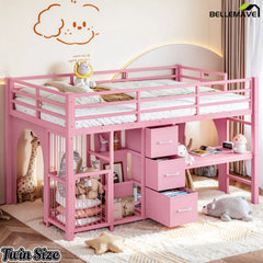 pink twin low loft bed with desk and storage features