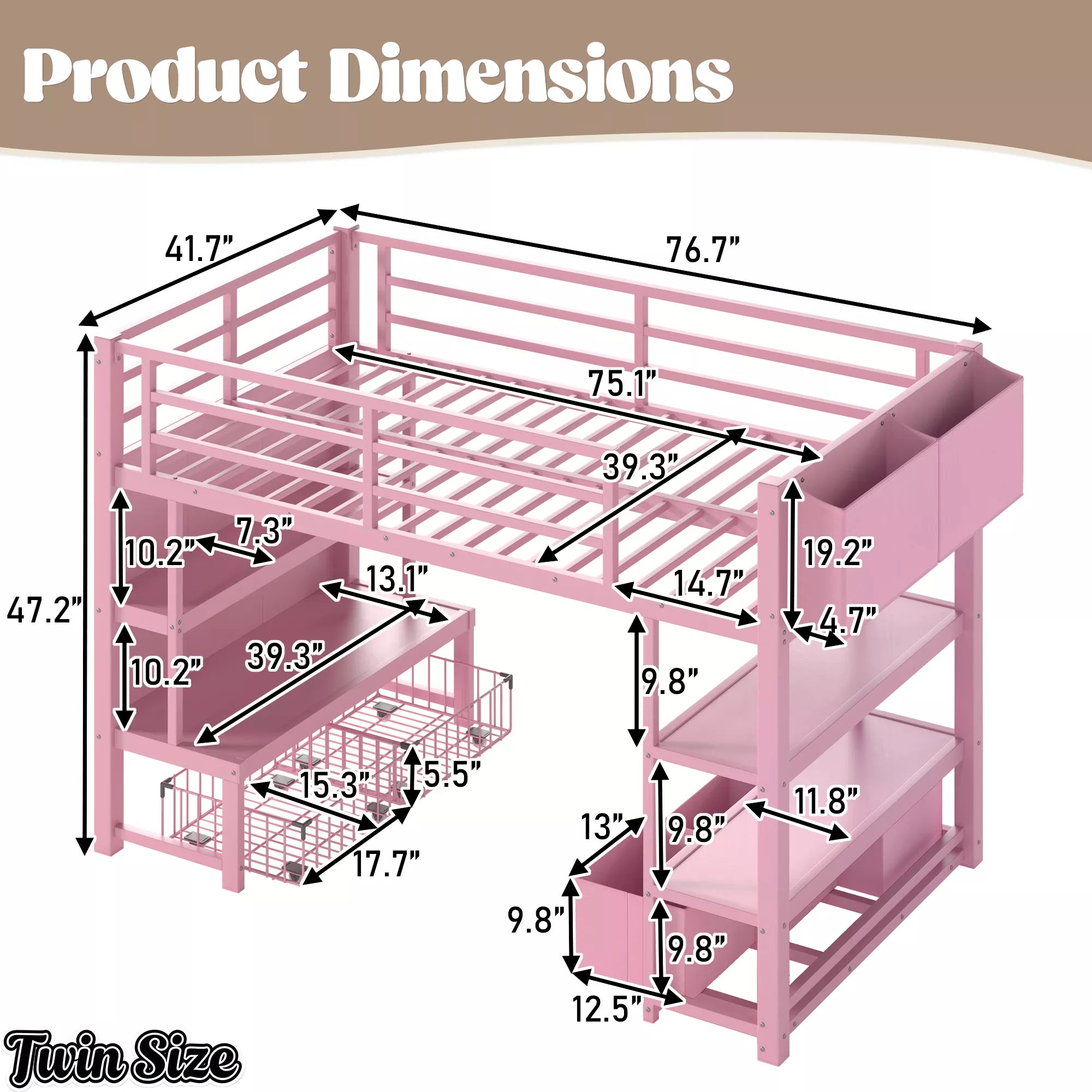 Twin size metal low loft bed product dimensions