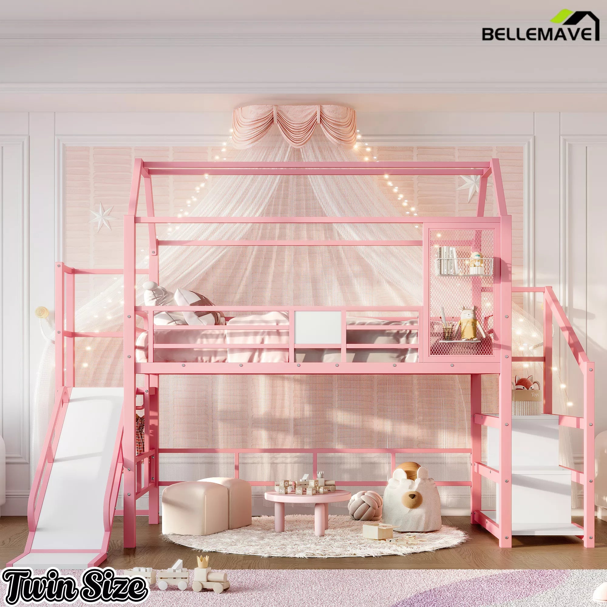 Pink twin loft bed with house shaped roof and storage shelves