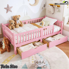 pink kids platform bed with guardrails