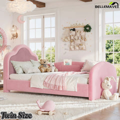 Twin Size Pink Upholstered Floor Bed with Curved Headboard
