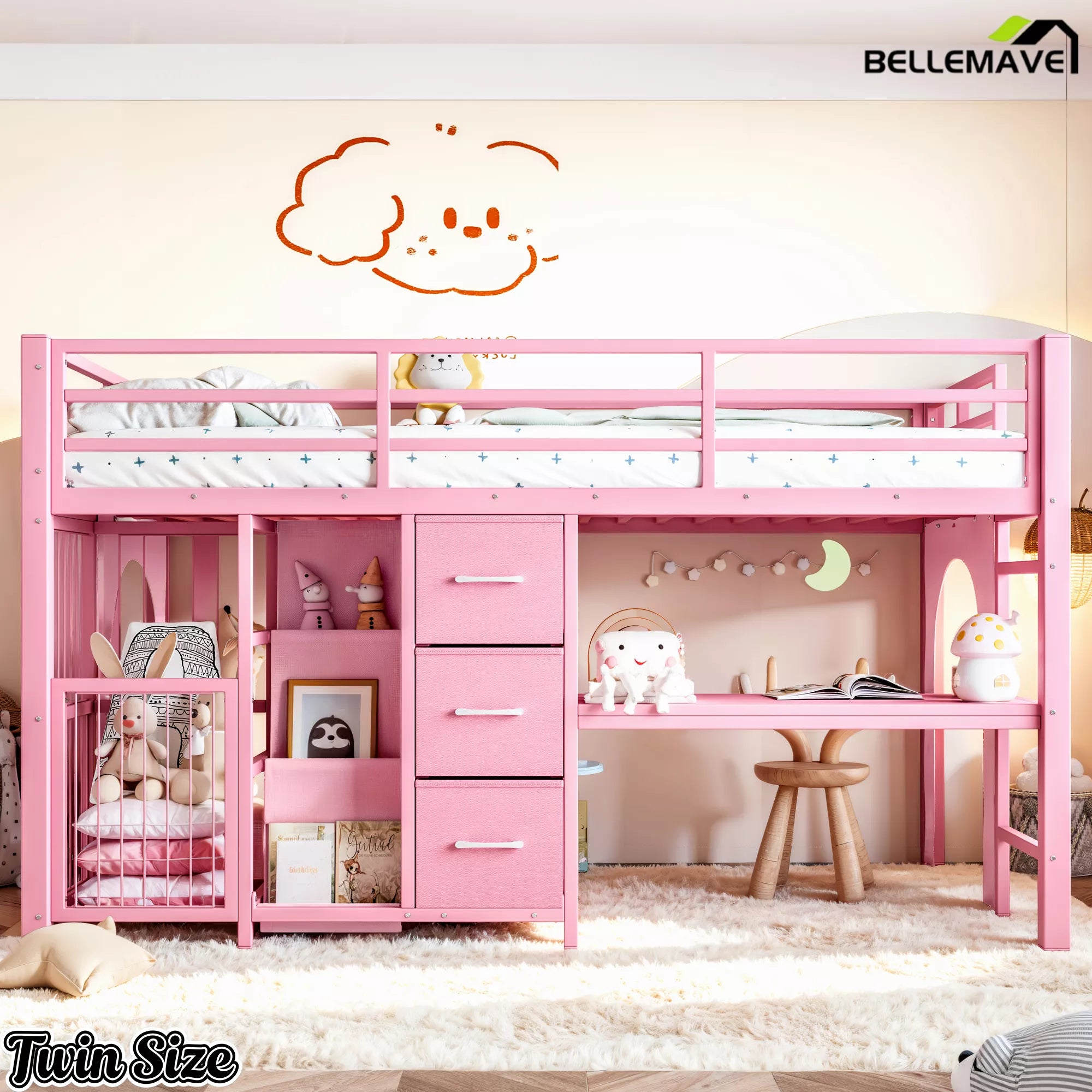 pink metal low loft bed with bookshelf and drawers