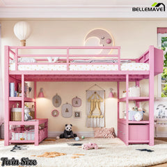 Pink twin low loft bed with storage drawer for kids room