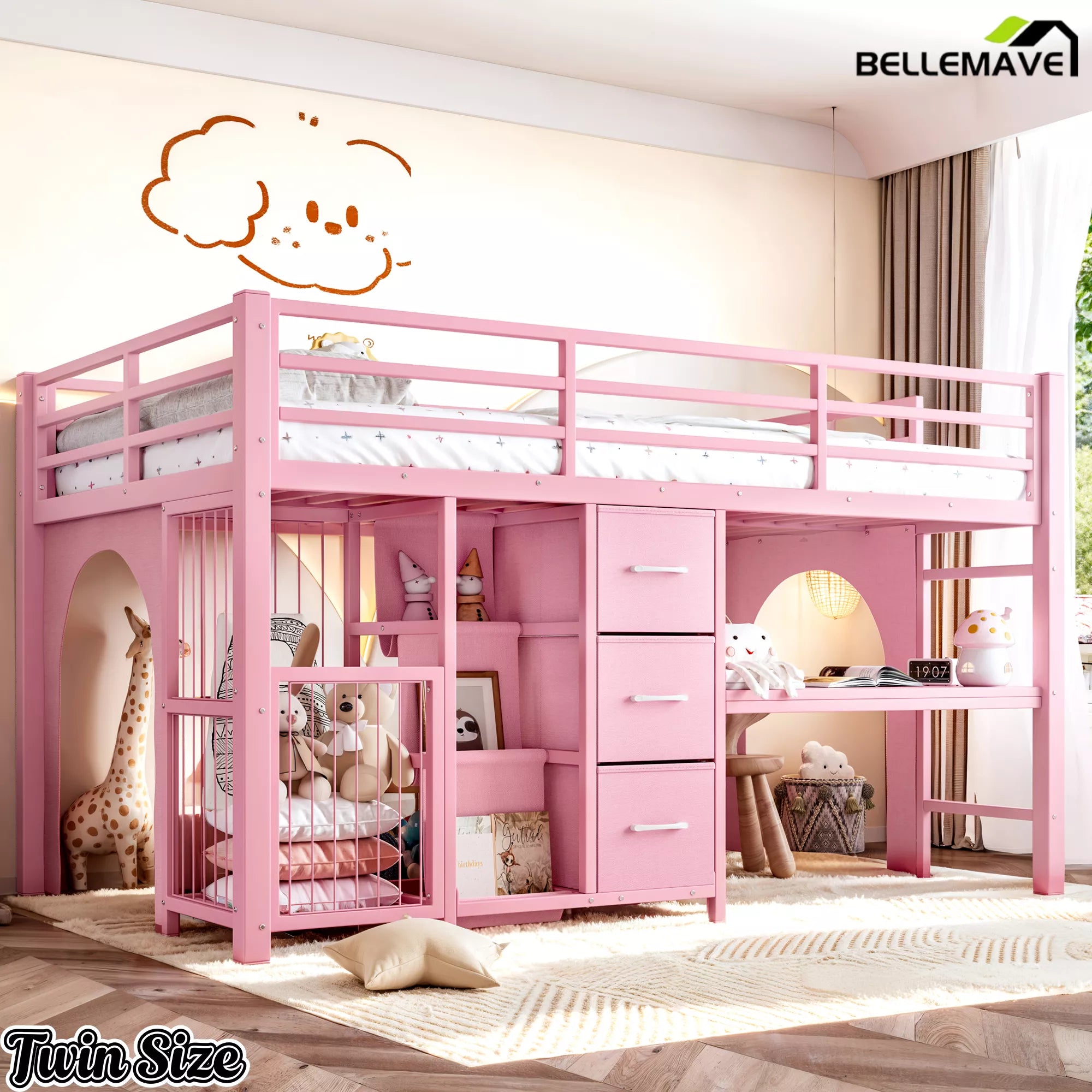 pink twin loft bed with built in desk for kids