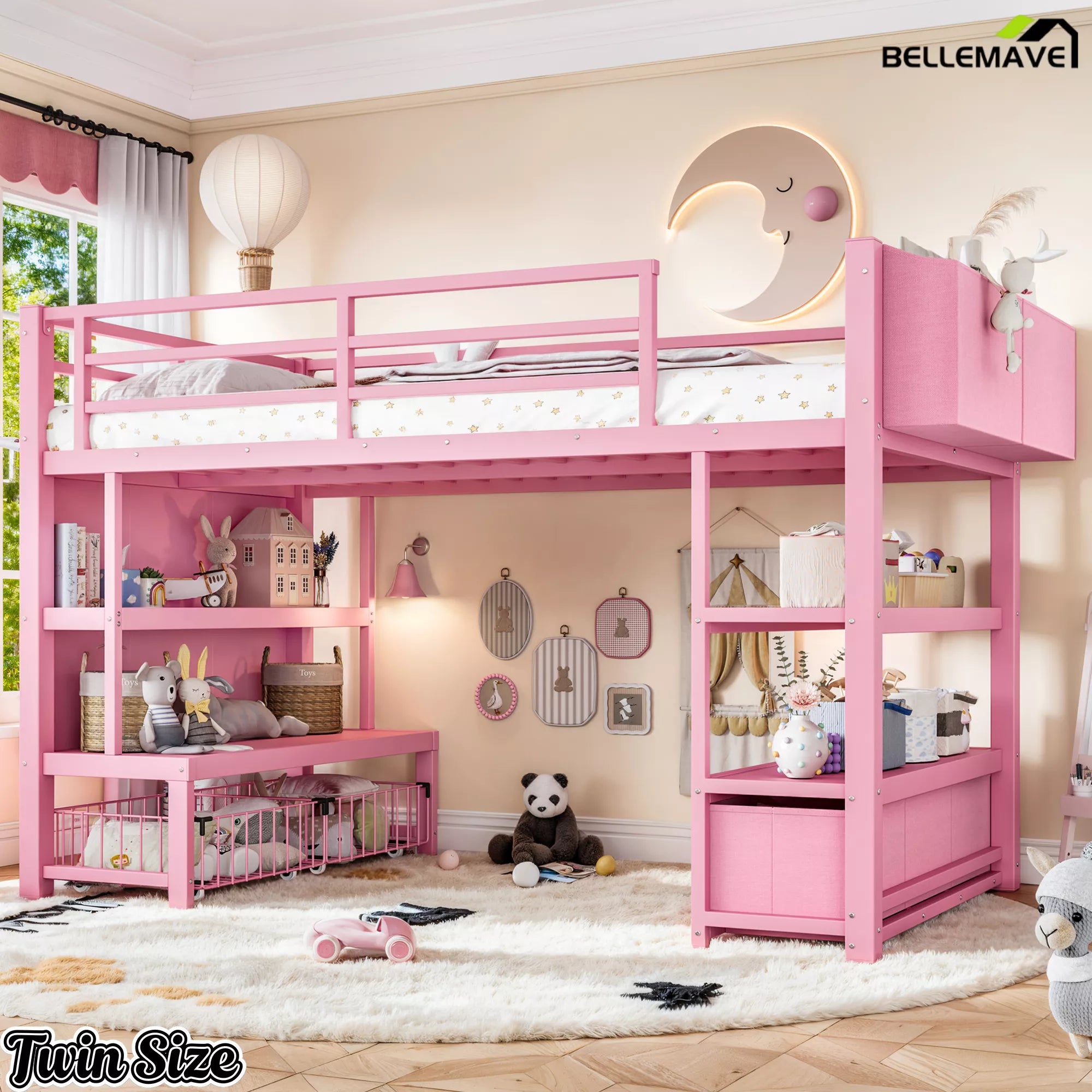 Pink metal loft bed with bookshelf and under bed storage