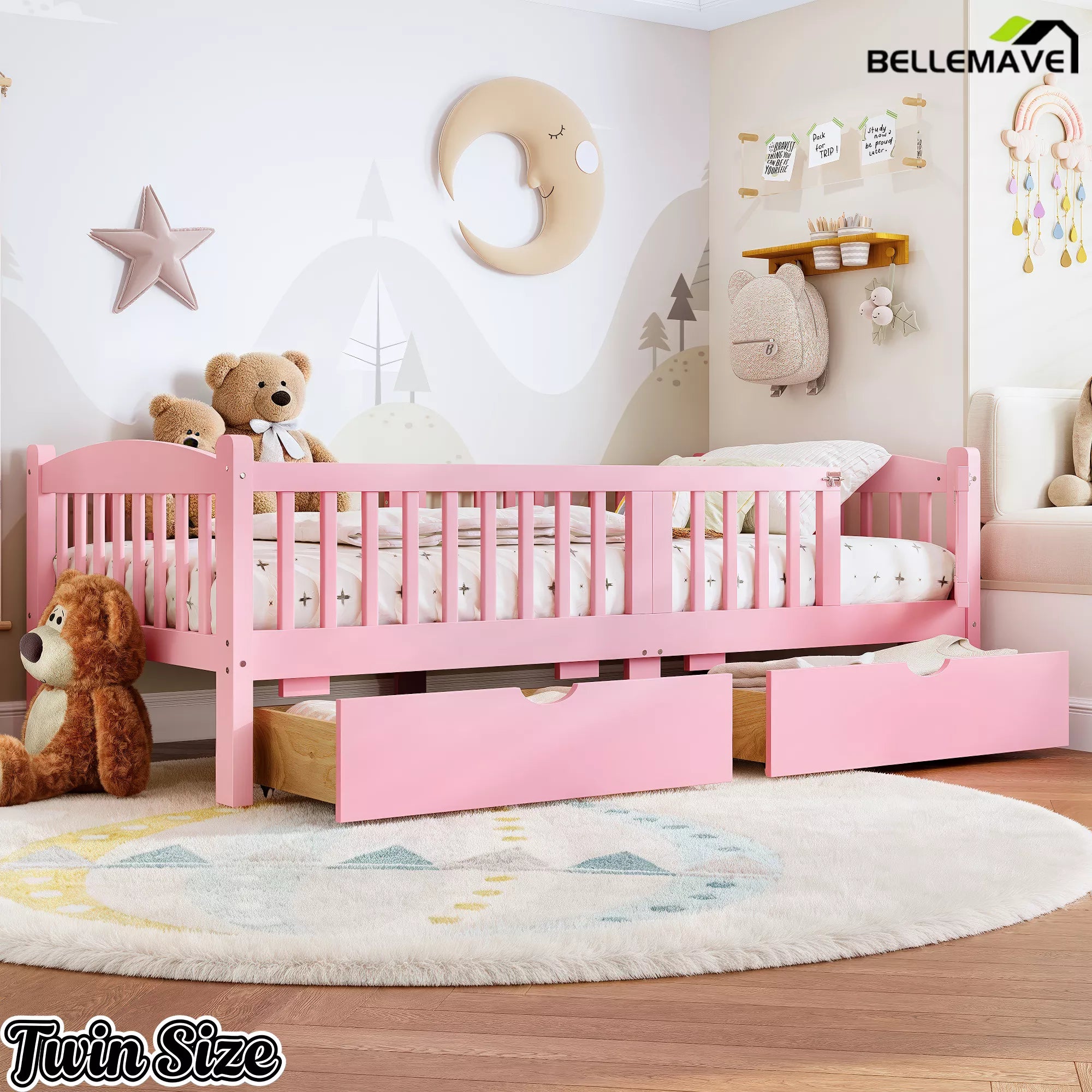 pink platform bed with under bed drawers