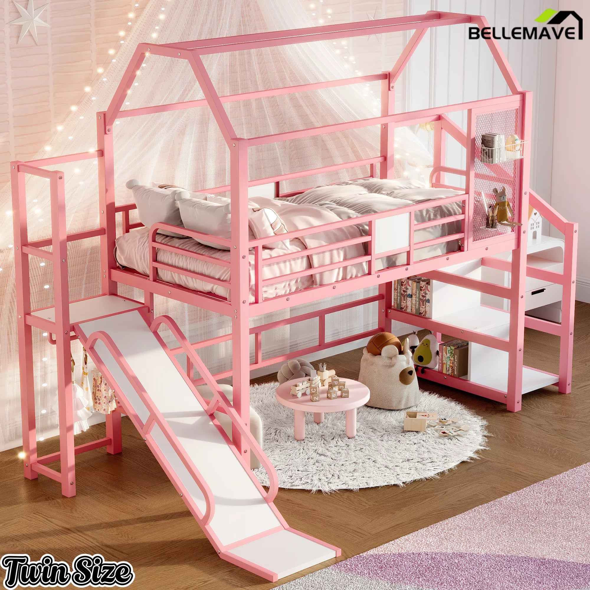 Pink metal house loft bed with slide for kids room
