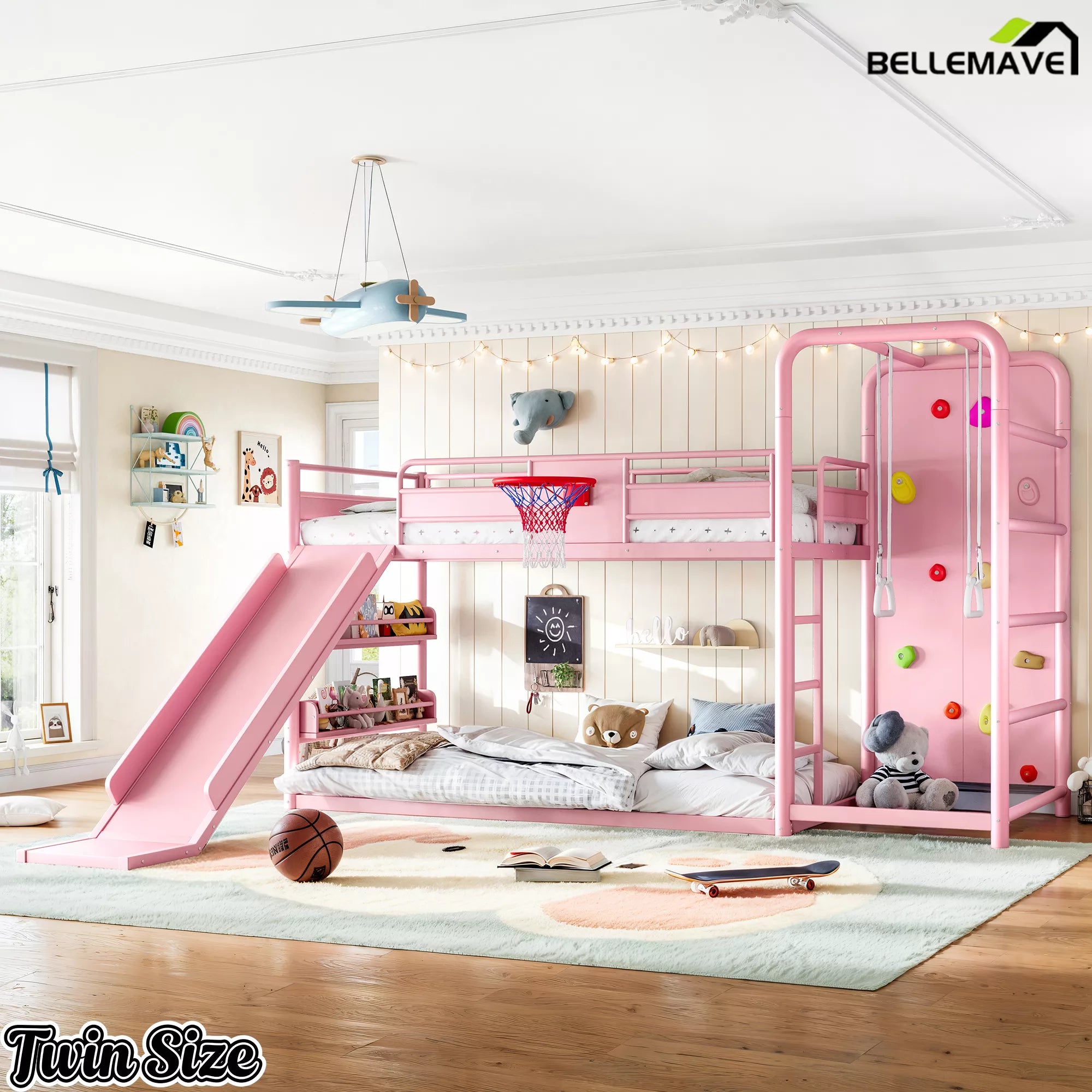 Pink metal loft bed with climbing wall for children's bedroom
