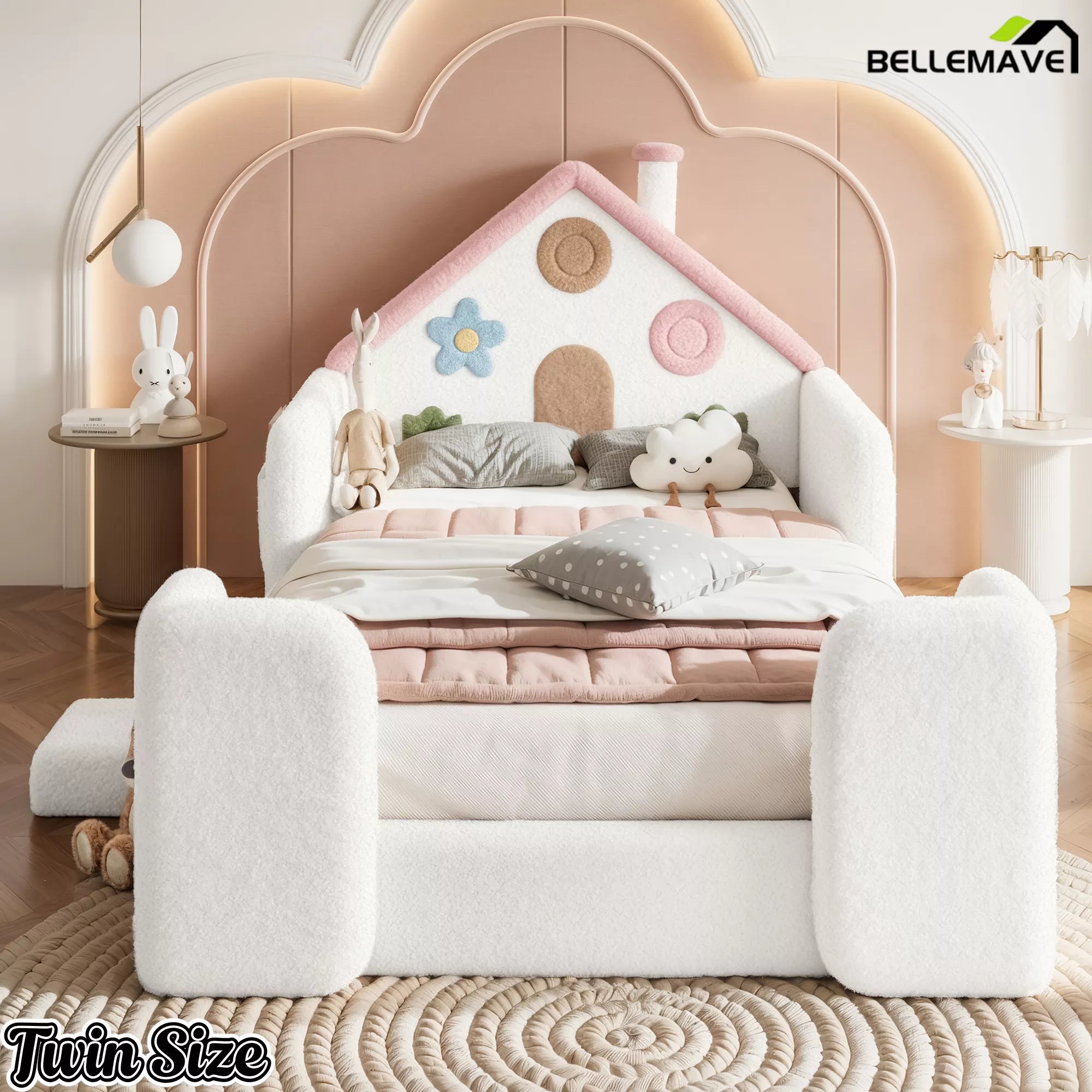 Twin upholstered floor bed with house shaped headboard