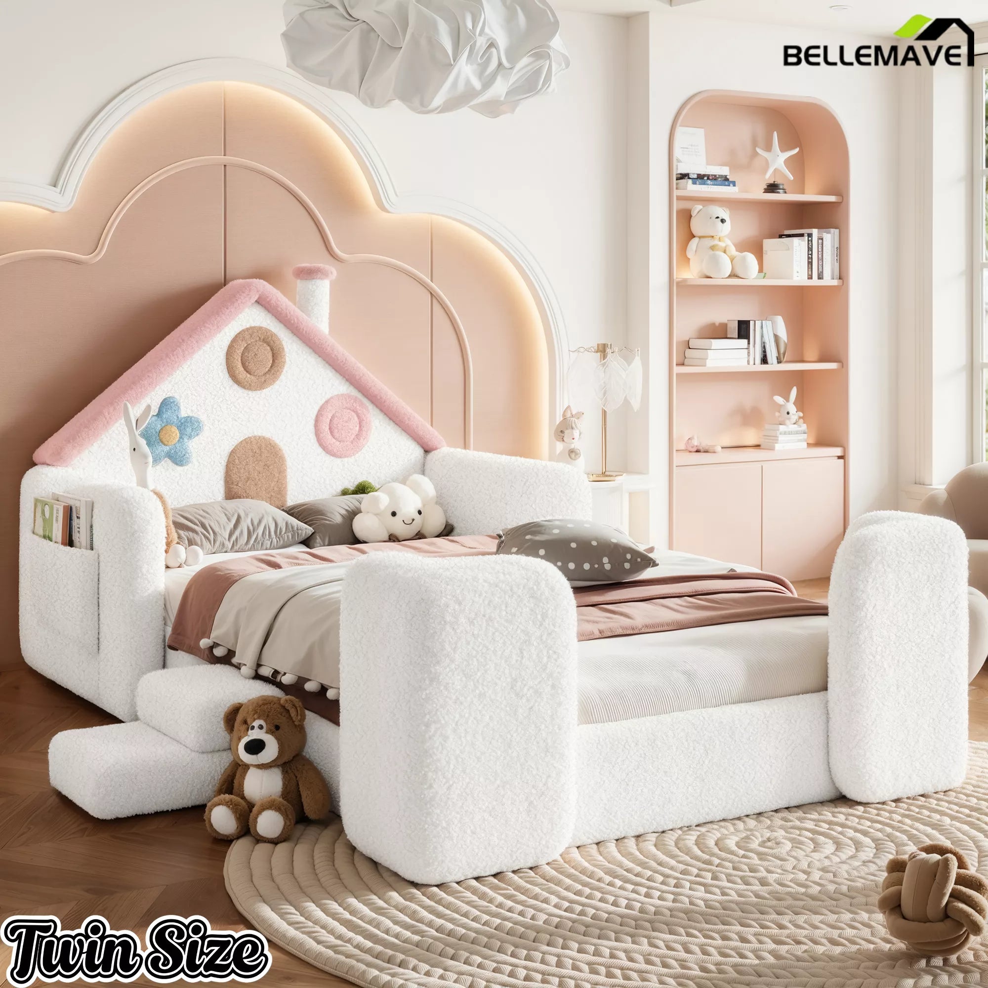 Pink and white twin house floor bed with rails