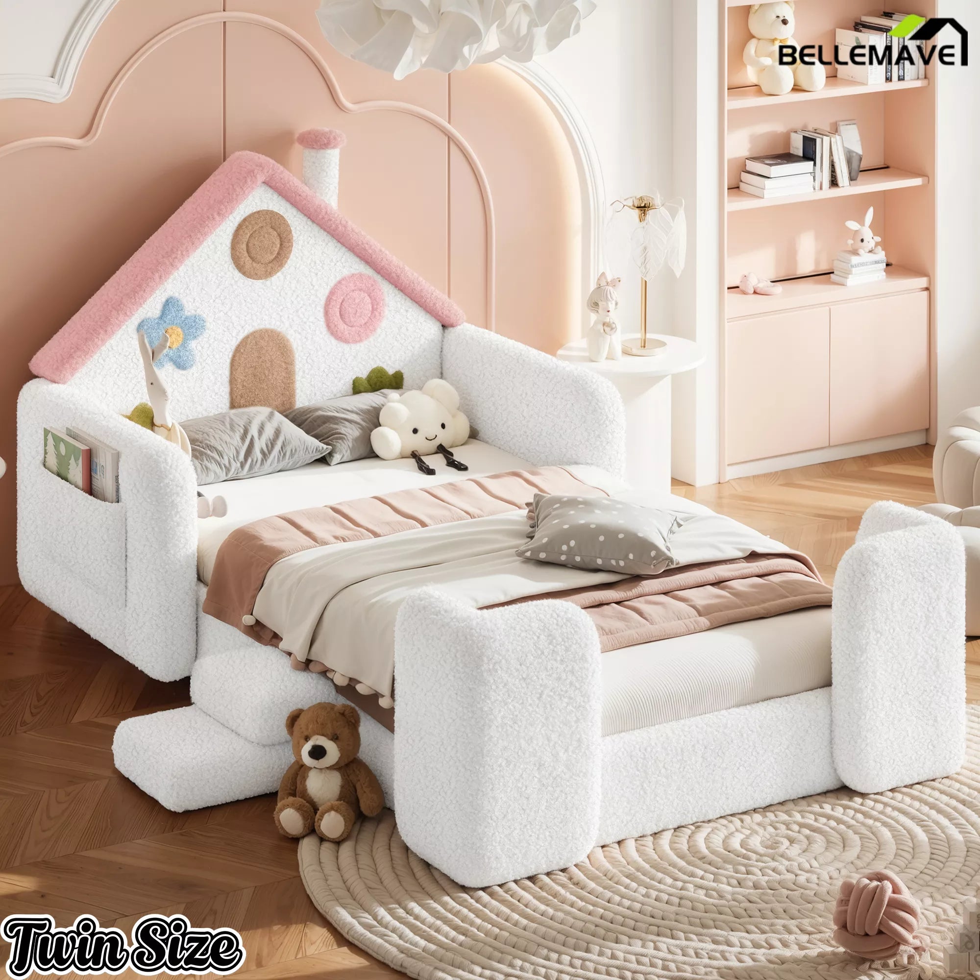 Twin size upholstered kids floor bed front view