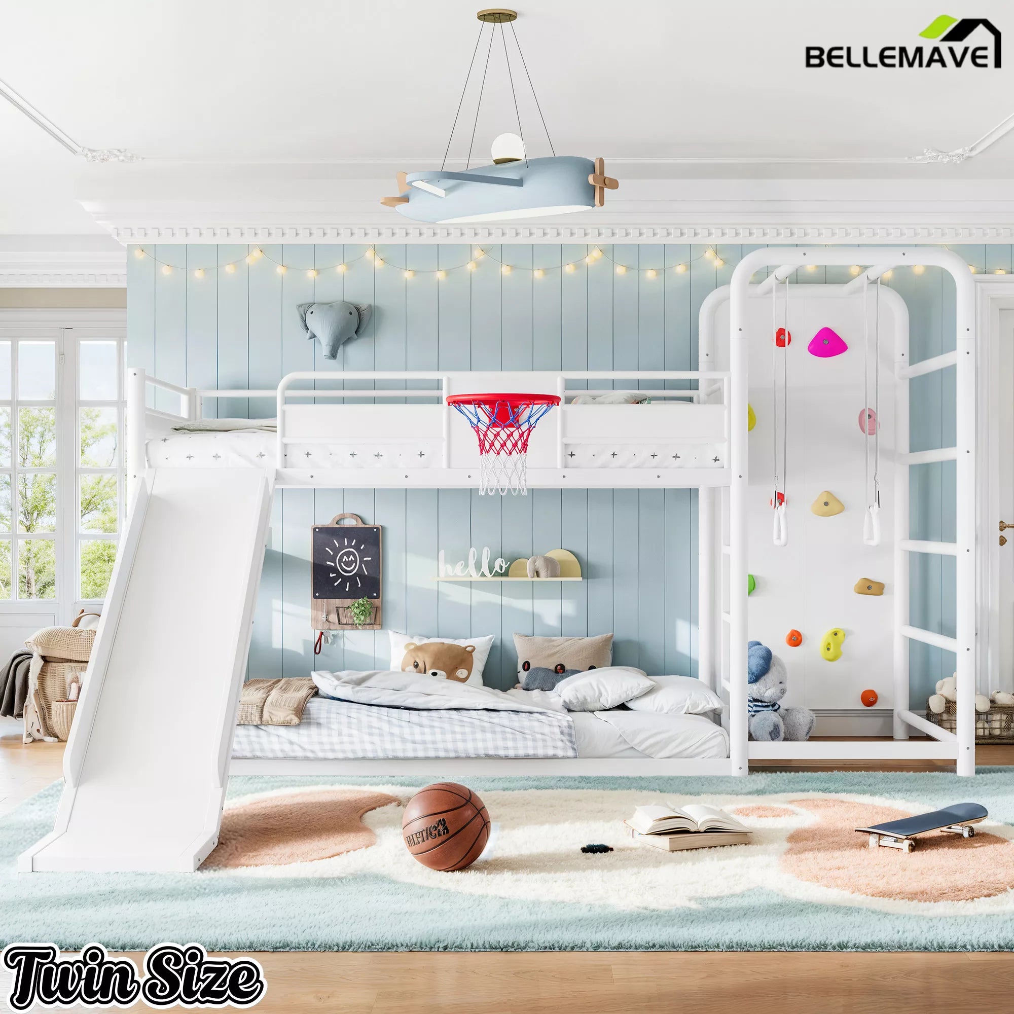 White twin metal loft bed with slide and climbing wall for kids