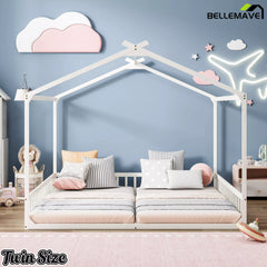 White twin house floor bed with roof frame design