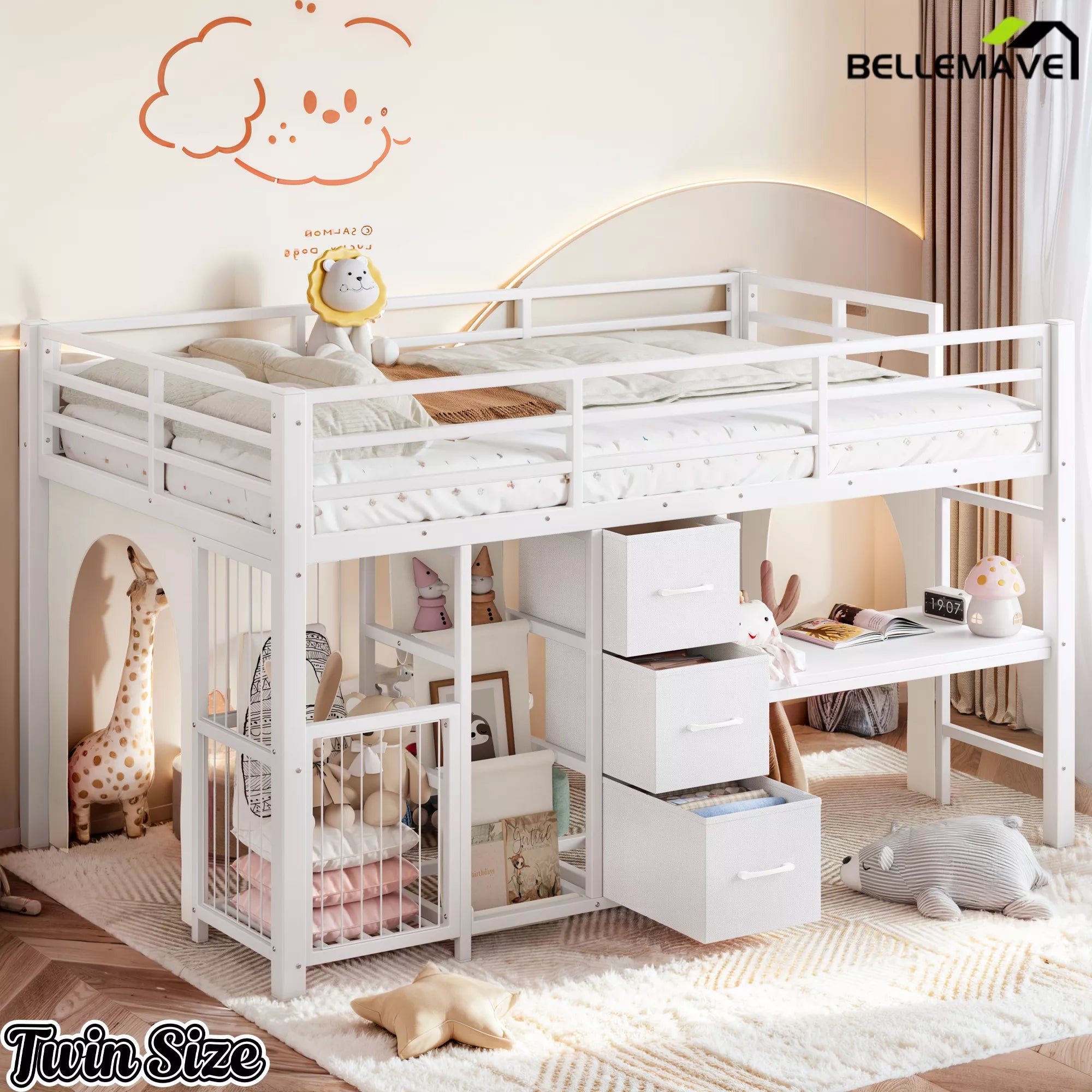 white twin metal loft bed with storage and desk