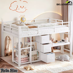 white twin metal loft bed with storage and desk