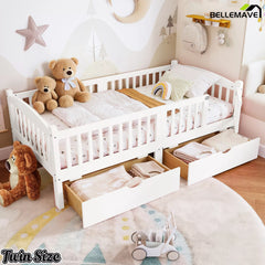 white twin platform bed with storage drawers