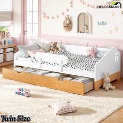 White twin house floor bed with guardrails