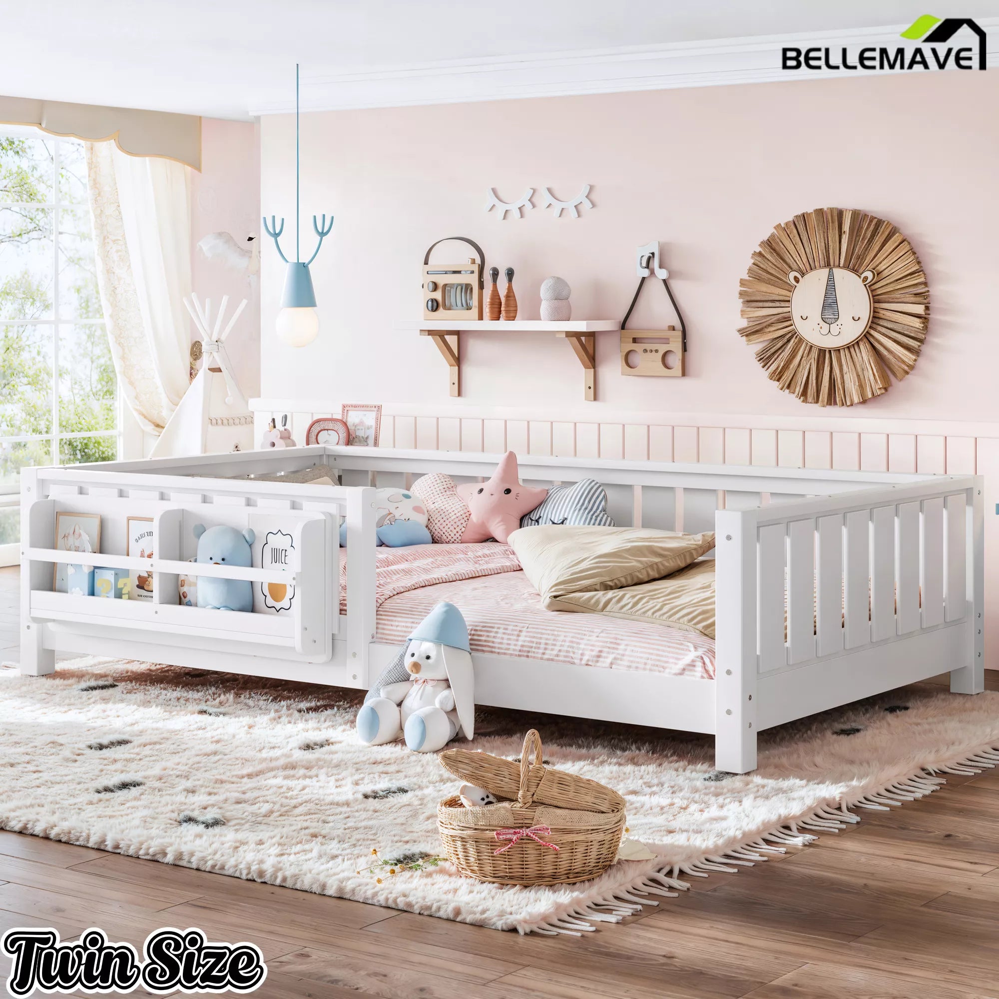 White twin Montessori floor bed with built-in bookshelf