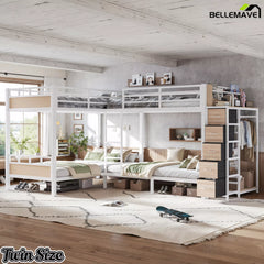 white metal bunk bed with storage and wardrobe