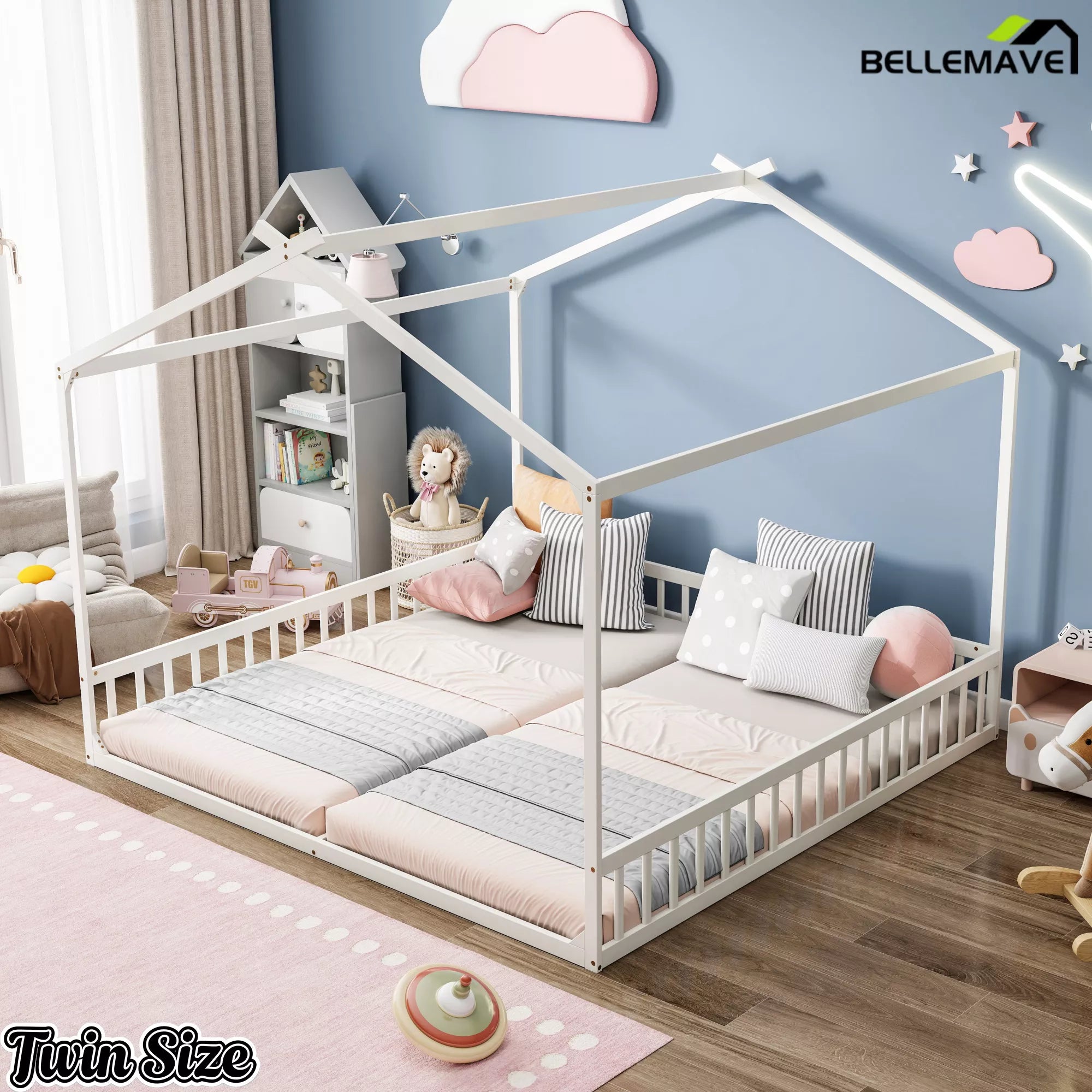 White twin house floor bed bedroom setup