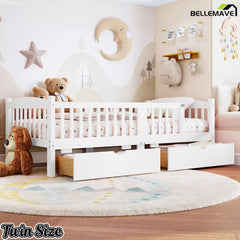 white twin platform bed with guardrails