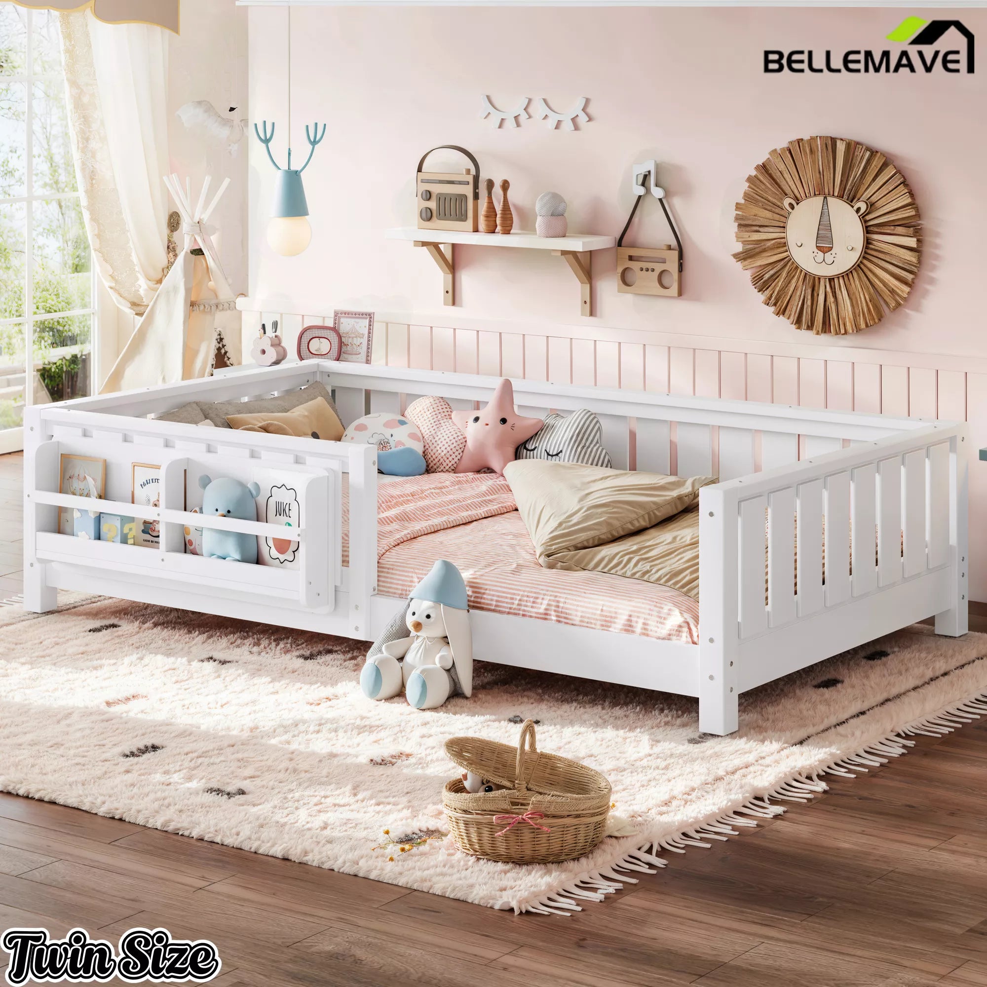 White kids floor bed with safety guardrails and wooden frame