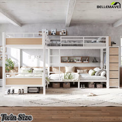 twin bunk bed with storage drawers and shelves