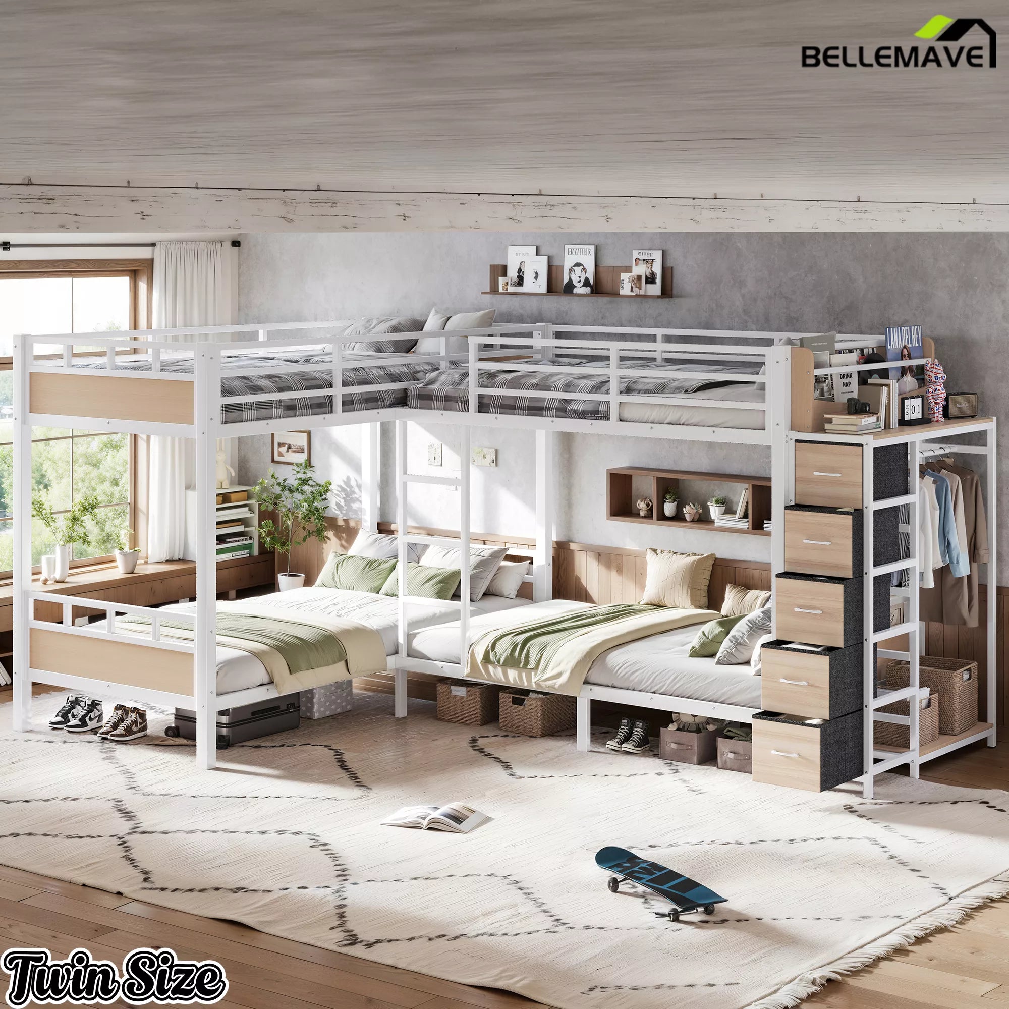 white twin bunk bed with built in storage unit