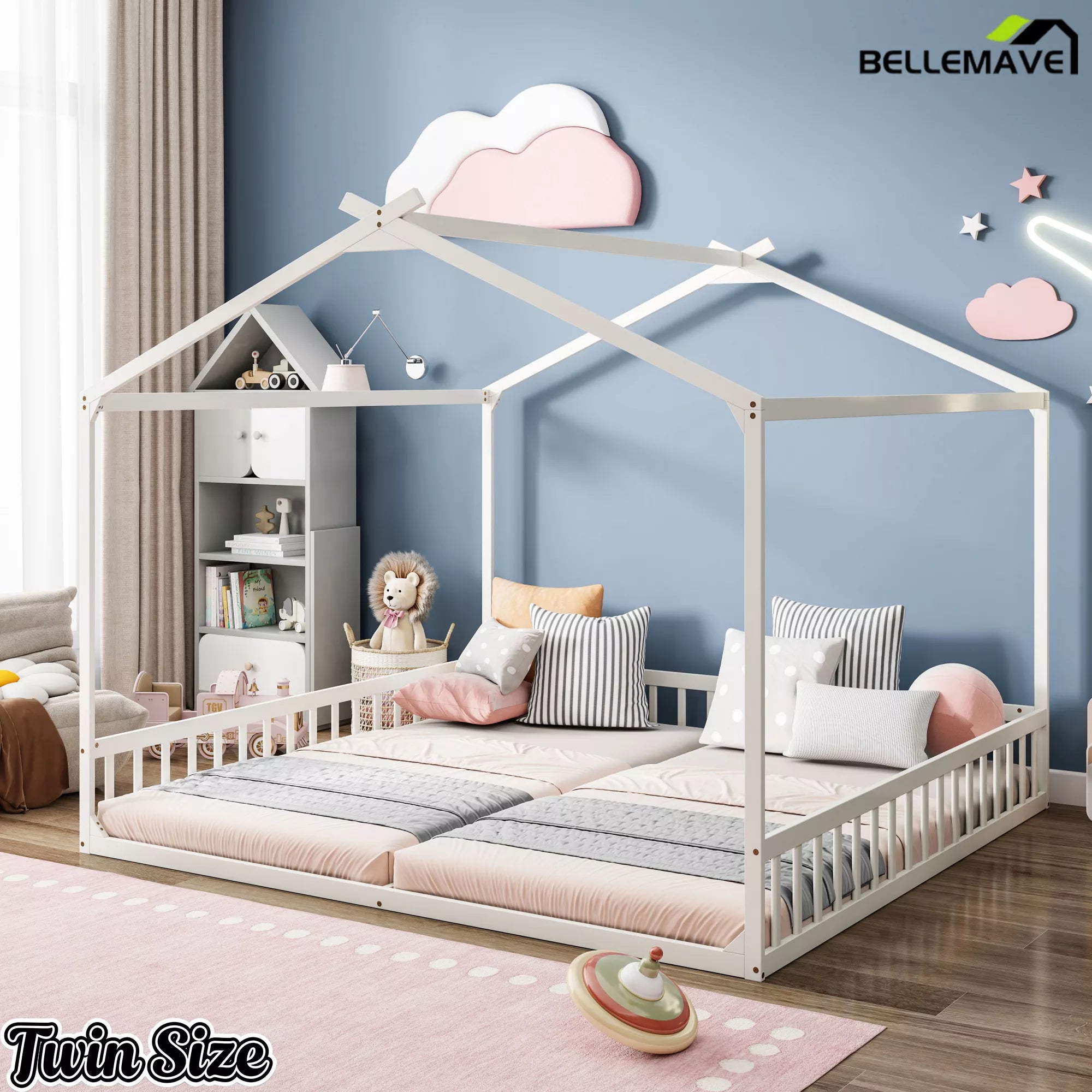 White twin floor bed with house frame and guardrails