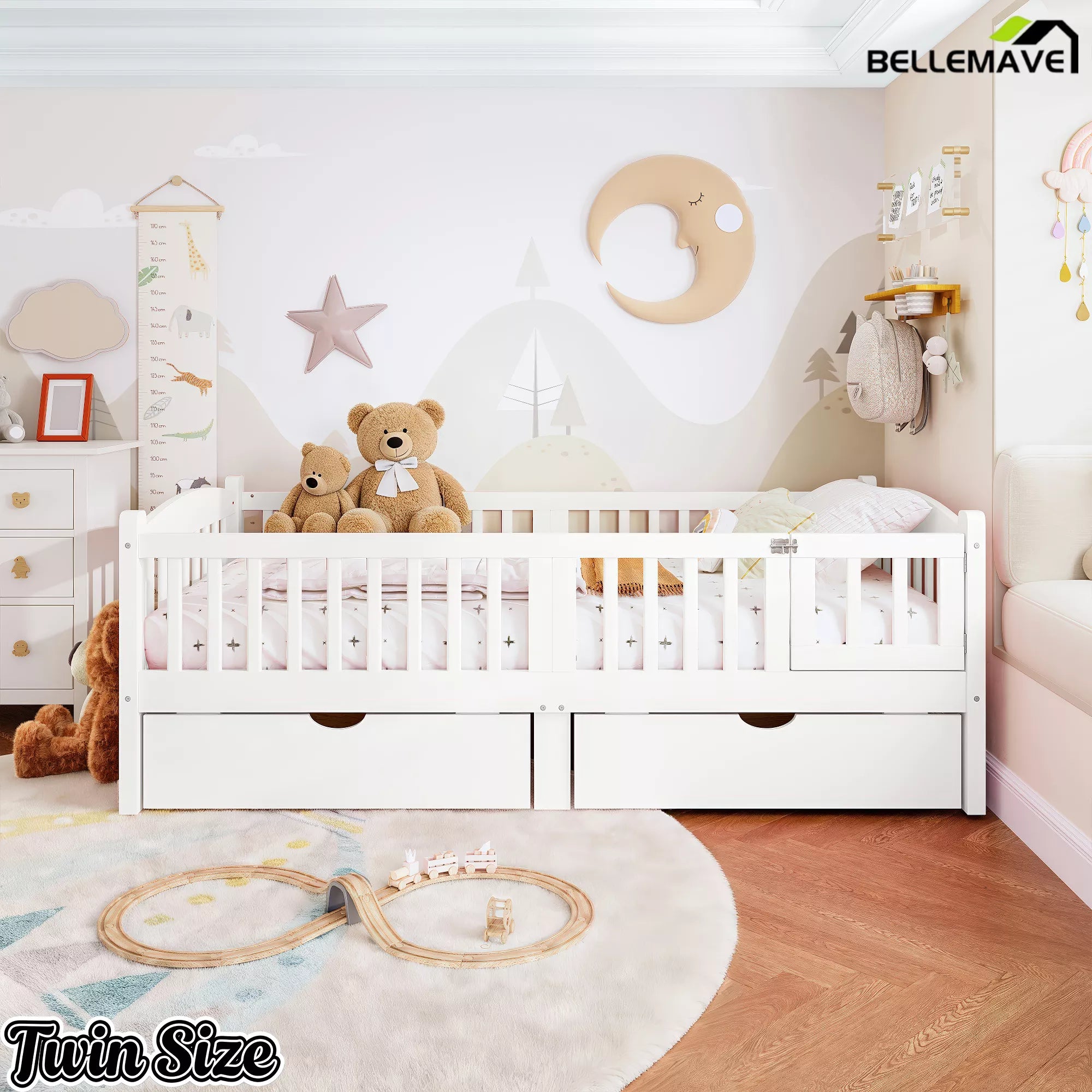 white twin platform bed with storage drawers