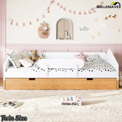 Twin floor bed with storage drawer and slats