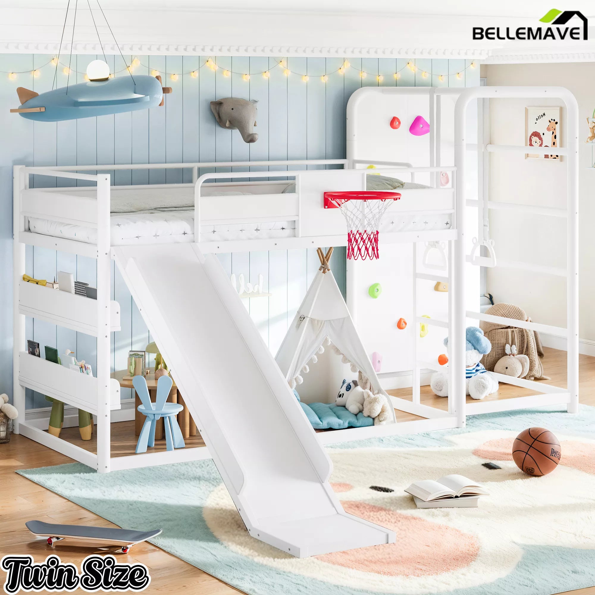 White metal loft bed with climbing wall and slide activity design