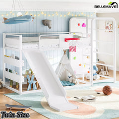 White metal loft bed with climbing wall and slide activity design