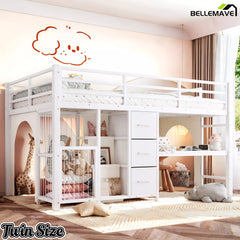 kids white low loft bed with study and storage space