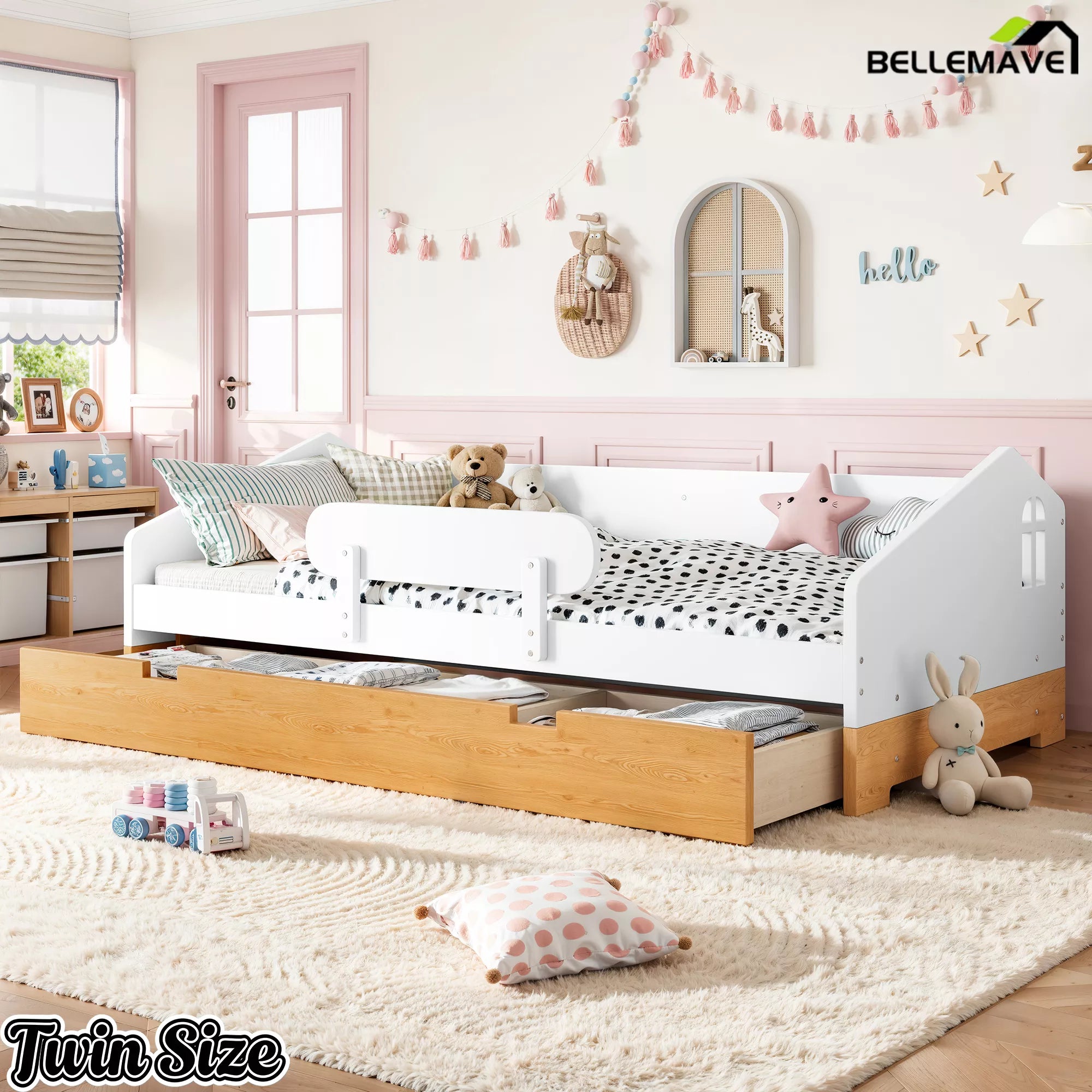White house floor bed with storage drawers
