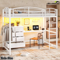 Front angled view of a white twin loft bed with integrated desk and storage
