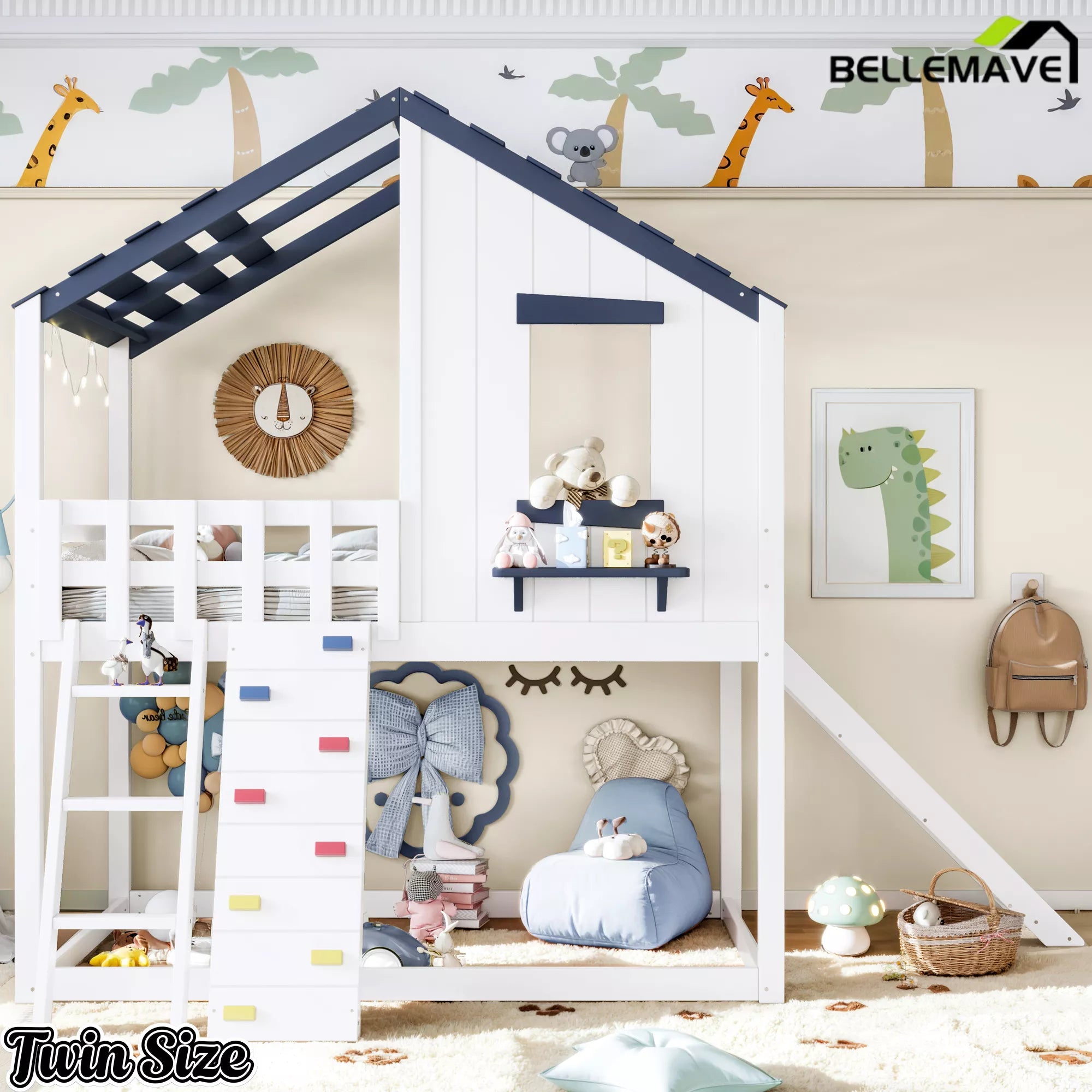 Twin house loft bed with ladder and slide