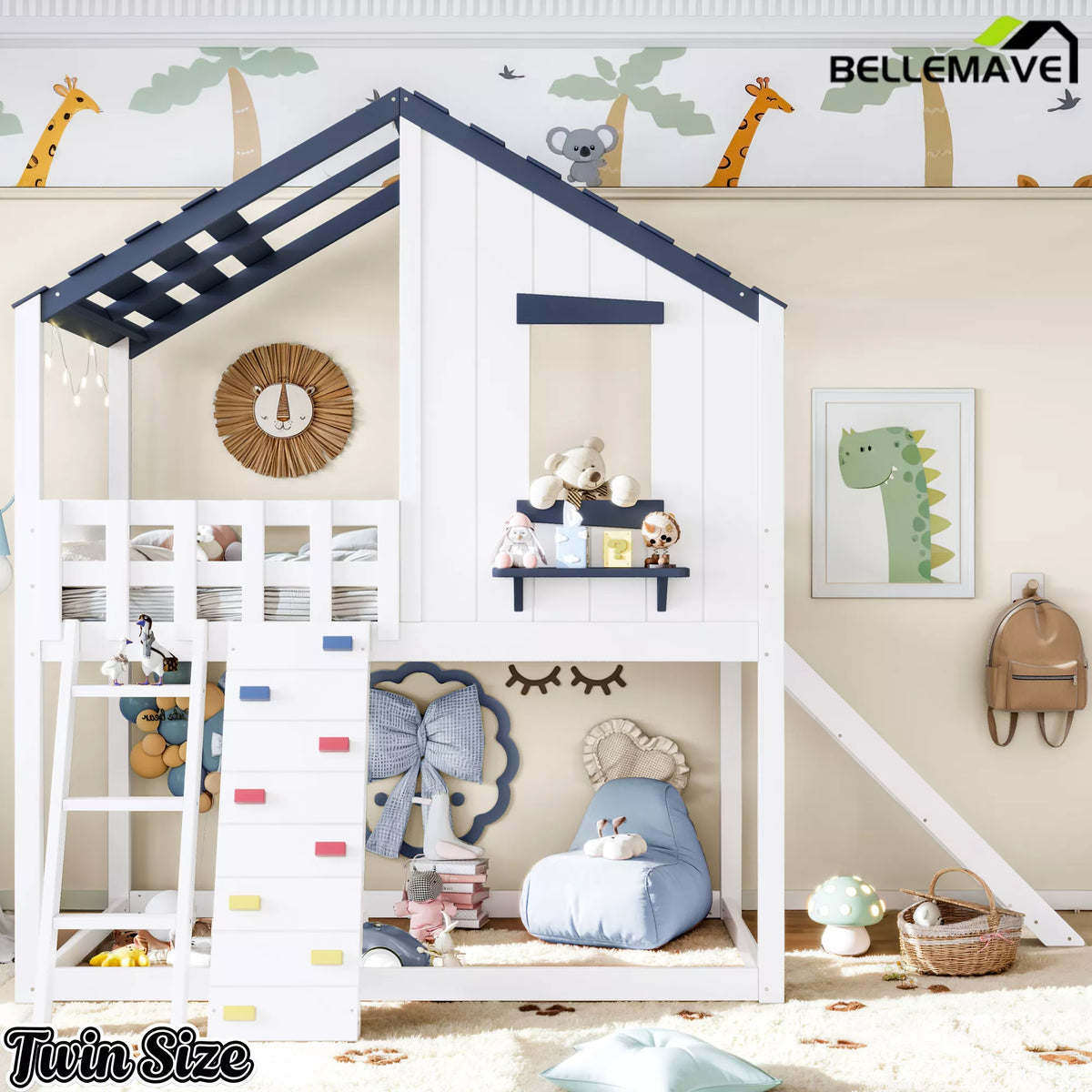 Twin house loft bed with ladder and slide