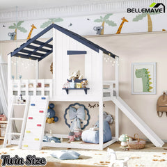 Twin kids loft bed with roof and window design