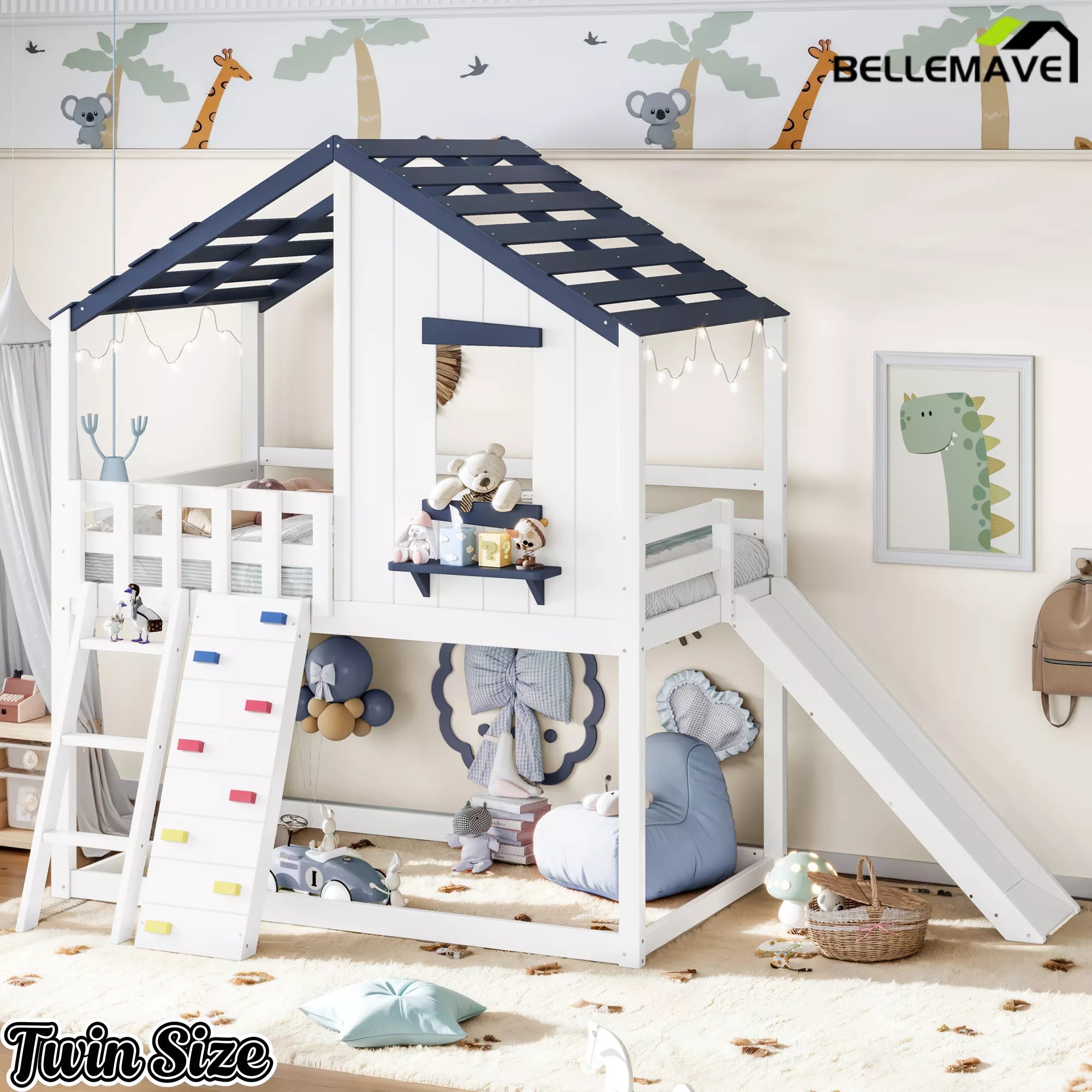 Twin wood loft bed frame with playhouse style