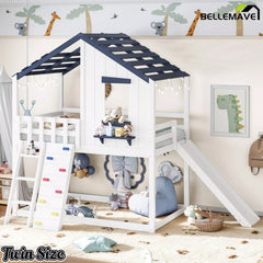 Twin wood loft bed frame with playhouse style