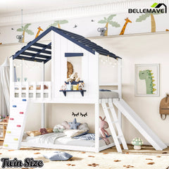 Twin wood loft bed with house-shaped roof, movable slide, ladder and flexible placement design for children