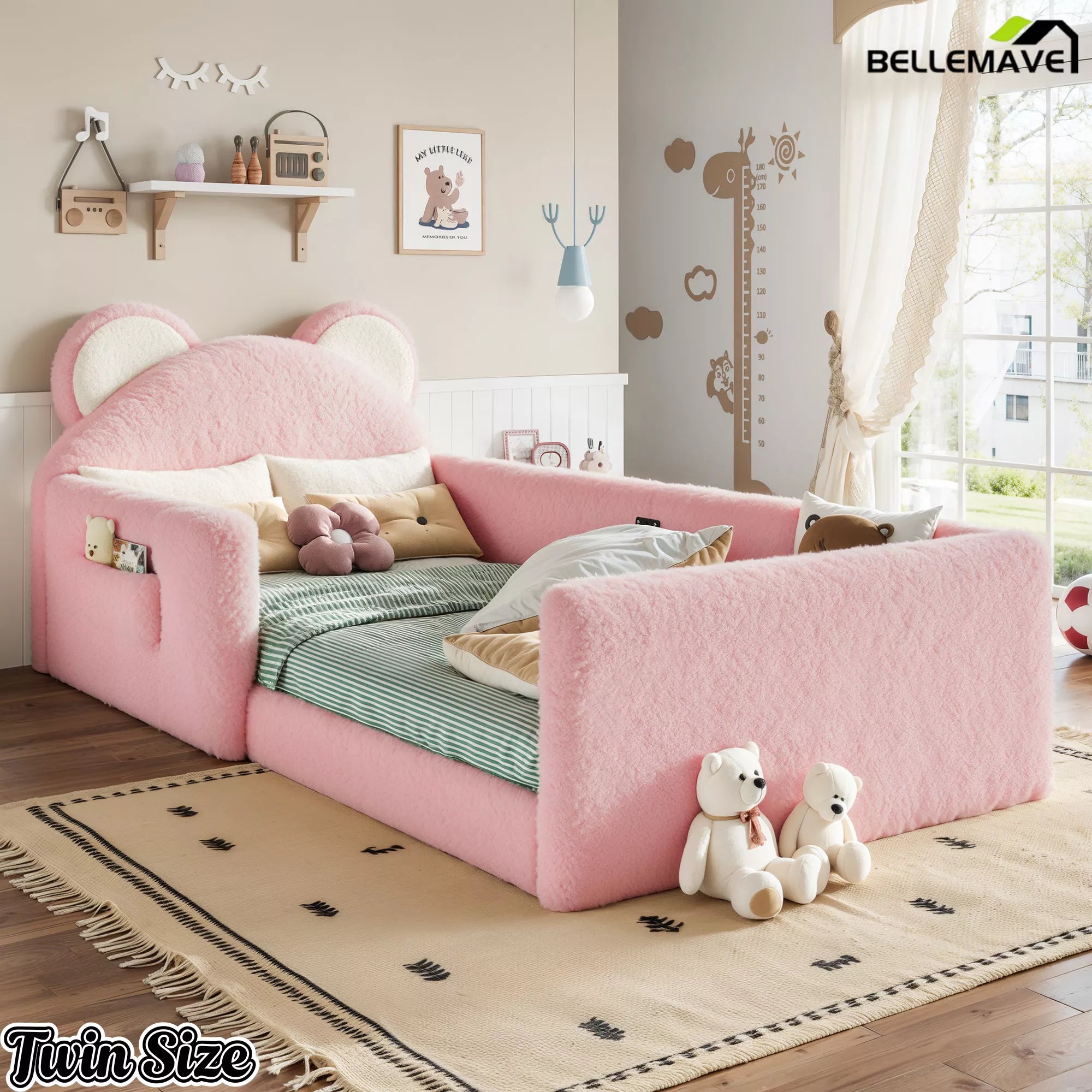 Pink and white twin size upholstered kids floor bed