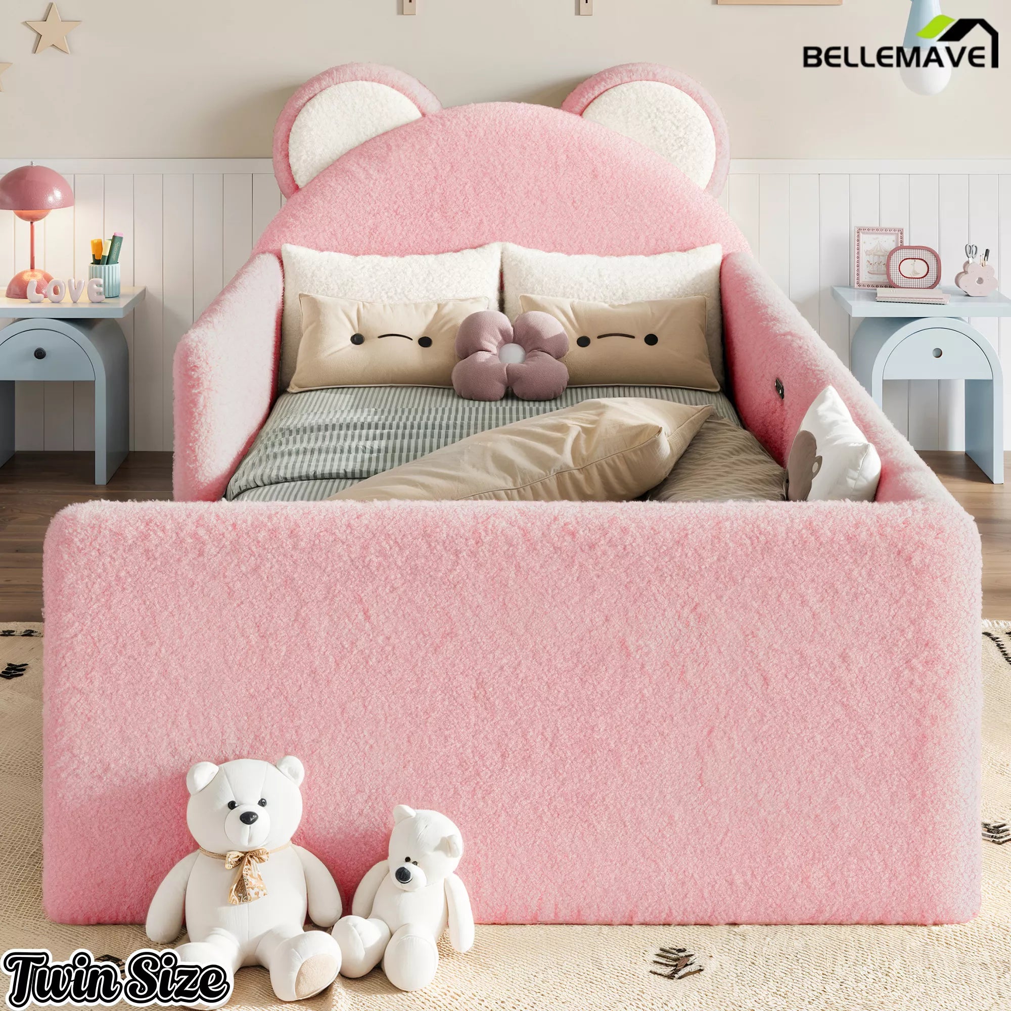 Pink upholstered children bed frame with bear headboard