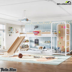 White twin loft bed with slide and climbing wall for kids bedroom