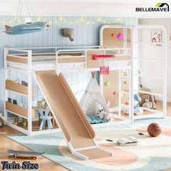 White twin metal loft bed with basketball hoop and slide features