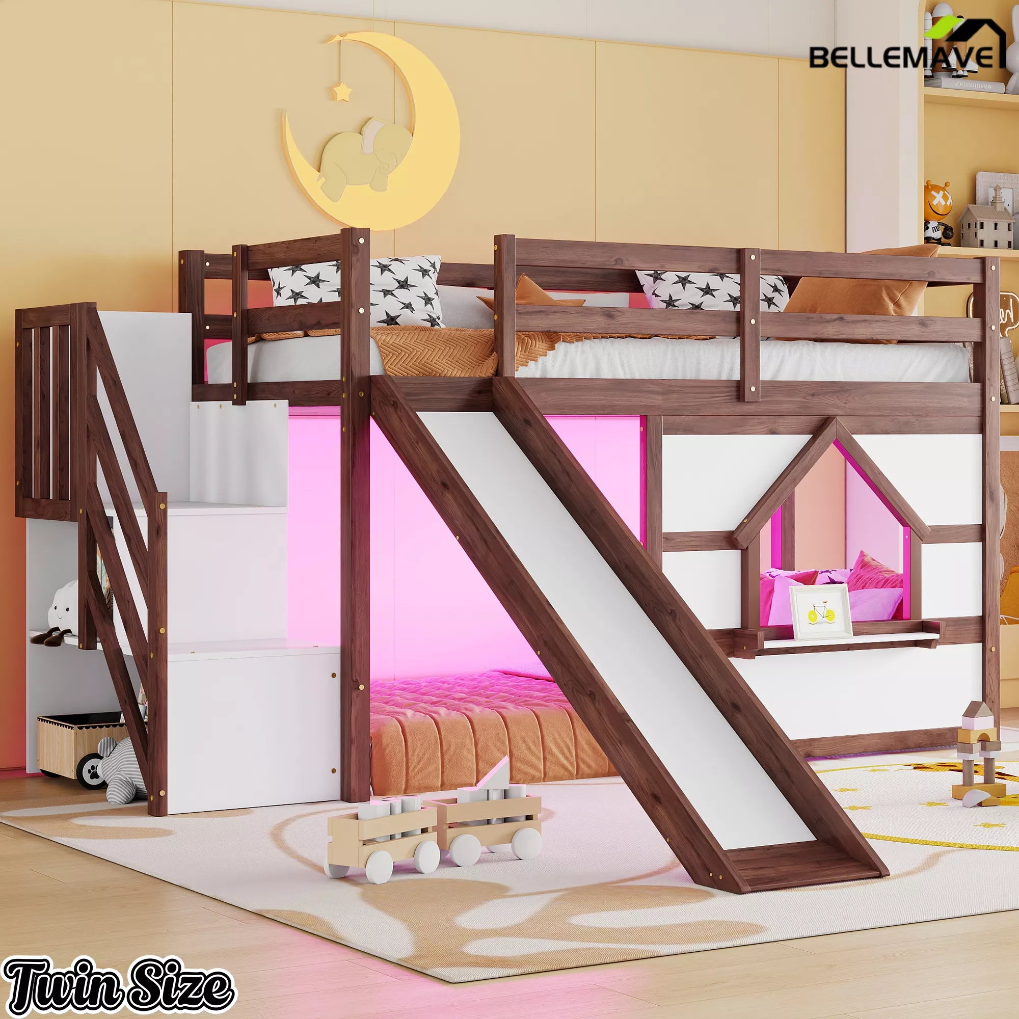 Kids twin low loft bed with slide and LED lights in walnut and white