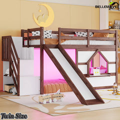 Kids twin low loft bed with slide and LED lights in walnut and white